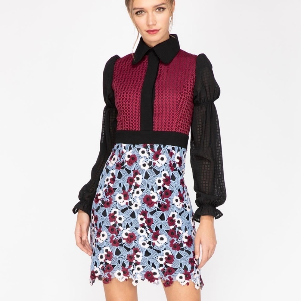 Adelyn Rae Long Sleeve Collared Crocheted Floral Knit Mini Dress S burgundy blck